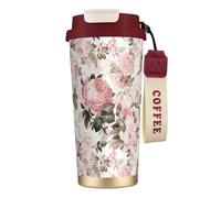 LfearTesa Tazza da viaggio ecologica in acciaio inossidabile 316, tazza da caffè da parete, da viaggio, per auto, con cordino, stile vintage shabby chic, rose rosa seppia,Rosso
