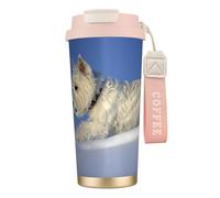 LfearTesa Tazza da viaggio ecologica in acciaio inossidabile 316, tazza da viaggio da parete, tazza da caffè con cordino, cani Westie Winter West Highland White Terrier,Rosa