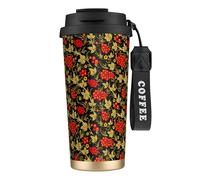LfearTesa Tazza da viaggio ecologica in acciaio inossidabile 316, tazza da viaggio da parete, tazza da caffè con cordino, tradizionale mirtillo rosso russo,Nero