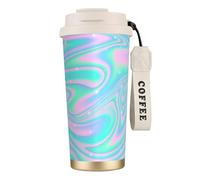 LfearTesa Tazza da viaggio ecologica in acciaio inossidabile 316, tazza da viaggio da parete, tazza da caffè con cordino, sfondo astratto olografico in pastello neon,Bianco