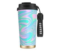 LfearTesa Tazza da viaggio ecologica in acciaio inossidabile 316, tazza da viaggio da parete, tazza da caffè con cordino, sfondo astratto olografico in pastello neon,Nero