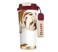 LfearTesa Tazza da viaggio ecologica in acciaio inossidabile 316, tazza da viaggio per auto, tazza da caffè con cordino, fotografia di bulldog inglese triste e stanco con crema marrone,Rosso