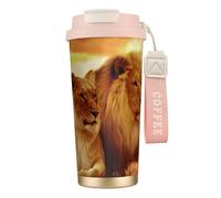 LfearTesa Tazza da viaggio ecologica in acciaio inossidabile 316, tazza da viaggio per auto, tazza da caffè con cordino, leone africano e leonessa,Rosa