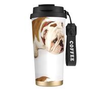LfearTesa Tazza da viaggio ecologica in acciaio inossidabile 316, tazza da viaggio per auto, tazza da caffè con cordino, fotografia di bulldog inglese triste e stanco con crema marrone,Nero