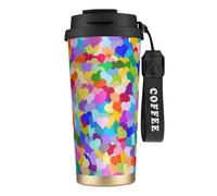 LfearTesa Tazza da viaggio ecologica in acciaio inossidabile 316, tazza da viaggio per auto, tazza da caffè con cordino, coriandoli a forma di cuore arcobaleno,Nero