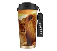 LfearTesa Tazza da viaggio ecologica in acciaio inossidabile 316, tazza da viaggio per auto, tazza da caffè con cordino, leone africano e leonessa,Nero