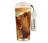 LfearTesa Tazza da viaggio ecologica in acciaio inossidabile 316, tazza da viaggio per auto, tazza da caffè con cordino, leone africano e leonessa,Bianco