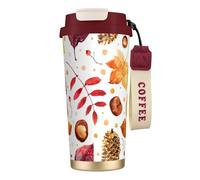 LfearTesa Tazza da viaggio ecologica in acciaio inossidabile 316, tazza da viaggio per ufficio, tazza da caffè con cordino, foglia botanica autunnale,Rosso