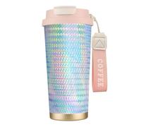 LfearTesa Tazza da viaggio ecologica in acciaio inossidabile 316, tazza da viaggio per ufficio, tazza da caffè con cordino, ologramma arcobaleno colorato,Rosa
