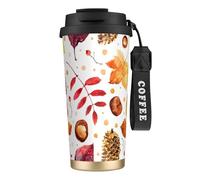 LfearTesa Tazza da viaggio ecologica in acciaio inossidabile 316, tazza da viaggio per ufficio, tazza da caffè con cordino, foglia botanica autunnale,Nero