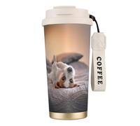 LfearTesa Tazza da viaggio ecologica in acciaio inossidabile 316, tazza da viaggio per ufficio, tazza da caffè con cordino, simpatico cagnolino Jack Russell Terrier,Bianco