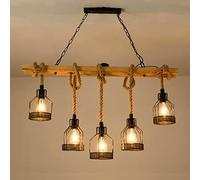 Lfoute Lampadario Vintage Lampada A Sospensione in Legno Antico E27*5 Lampada Da Sala Da Pranzo Lampadario in Corda Di Canapa Catena Di Metallo Ristorante Country Camera Da Letto Soggiorno Plafoniera