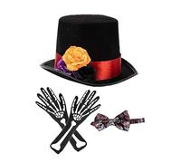 LfrXtra Set di cappello, cappello di Halloween per adulti, cappello a cilindro, papillon, scheletro, guanti con stampa, cosplay, festival, feste