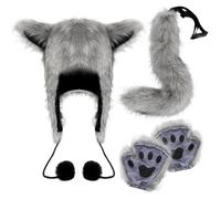 LfrXtra Set di costumi da volpe, con zampe, guanti, coda di animale, cappello di peluche, costume di Halloween, coda di volpe, per cosplay, feste, carnevale