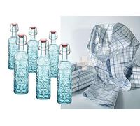 LGC Bundle | 6 bottiglie Bormioli Rocco Oriente in blu, con chiusura a leva, 1 litro + 1 panno asciutto in microfilamento