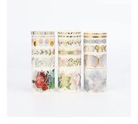 LGEGE 18 rotoli Washi Tape Set 40/20/15/9/5 mm di larghezza, motivo a blocco oro, elemento vegetale a forma di farfalla, confezioni regalo, forniture per scrapbooking, diario proiettile