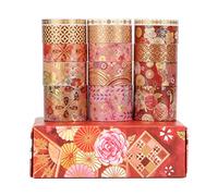 LGEGE Set di 15 rotoli di Washi Tape set in nastro oro e rosso, 30/20/15/5 mm di larghezza,motivo floreale stampa Foli oro, adesivo giapponese per scrapbooking,diario proiettile,confezione regalo(2 m)