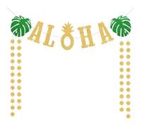 LGWJHCY Hawaii Aloha Banner Golden Glitter Tropical Turtle Leaves & Golden Glitter Polka Dot Garland, Hawaii Tropical Luau Beach Summer Party Decoration.