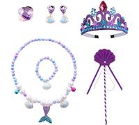 LGWJHCY Set di 6 gioielli per bambini a forma di corona di sirena, accessori per vestire le principesse, inclusi corona, braccialetto, bacchetta magica, collana, orecchini, anello, per feste di