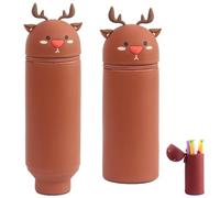 LGWJHCY Telescopic Pencil Case 2 in 1 Soft Silicone Kawaii Deer Desktop Pen Holder Zipper Closure Storage Bag Pencil Case Case for Kids Adults, marrone, Animale
