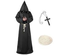 LGZIN Costume da Monaco Medievale, Costume da Prete con Collana a Croce, Frate Medieval Rinascimentale, Costume Frate, Mantello con Cappuccio Medievale per Halloween (M)