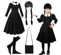 LGZIN Costume Mercoledì Bambina, Vestito Mercoledì Bambina, Abito da Mercoledì con Parrucche, Calzino, Borsa, Mercoledì Outfit, Costume Mercoledì Cosplay per Carnevale Halloween (140)