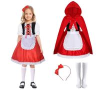 LGZIN Vestito Costume da Cappuccetto Rosso, Cappuccetto Rosso Abito Bambina con Mantello, Grembiule, Calzini e Cerchietto, Cappuccetto Rosso Travestimento per Halloween Carnevale (130 cm)