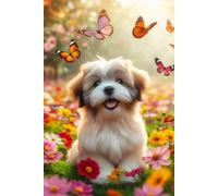 Lhasa Apso Puppy in a field of colorful flowers Notebook - Large 6 x 9 inches - 127 Pages