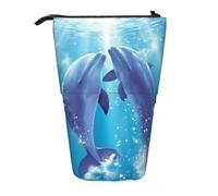 LHBWCVN Borsa per cosmetici con delfini innamorati, astuccio telescopico per matite in piedi, astuccio portatile, grazioso astuccio per matite da viaggio per donne e uomini, portamonete da viaggio