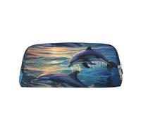 LHBWCVN Delfini nel mare Astuccio per matite di grande capacità Astuccio per penne estetiche Borsa per il trucco in pelle per donne uomini Borse da toilette da viaggio Borsa cosmetica con cerniera
