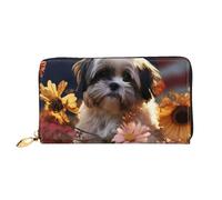 LHCVSFGW Portafoglio in pelle per donne uomini portafoglio bifold ultra sottile porta carte di credito Shih Tzu cane e fiori pochette da donna, nero, taglia unica, Nero , Taglia unica