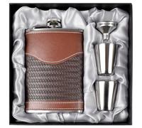 LHD HOME Set regalo con fiaschetta da uomo in pelle e acciaio inox 304, con imbuto, per whisky, rum, testimone, testimone, matrimonio, a righe, marrone, 227 ml