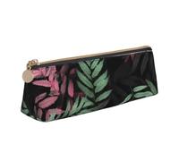LHDGBNV Astuccio in pelle, elegante astuccio sottile con cerniera, con foglie nere, rosa e verdi, per cosmetici, per lavoro e ufficio