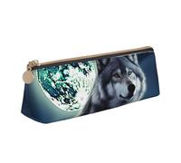 LHDGBNV Astuccio in pelle, elegante astuccio sottile con cerniera, motivo lupo sotto la luna, astuccio per trucchi per il lavoro e l'ufficio