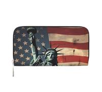 LHDGBNV Portafoglio in pelle PU per donne ragazze, con cerniera intorno al porta carte di credito statua bandiera americana libertà portafoglio lungo pochette borsa da viaggio impermeabile