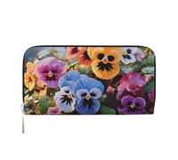 LHDGBNV Portafoglio in pelle PU per donne ragazze, con cerniera intorno al porta carte di credito viola del pensiero fiori portafoglio lungo pochette borsa da viaggio impermeabile