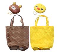 LHLZNB 2 eleganti borse per la spesa pieghevoli, borse da spiaggia da donna, impermeabili, riutilizzabili e portatili, lavabili per lo shopping quotidiano, Orso+anatra, 1