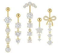 LHOEST Piercing per ombelico oro in acciaio chirurgico, 12 mm, 5 pezzi, da appendere, piercing per ombelico, a banana, in acciaio inox, con farfalla, fiore e fiore rotondo, piercing per ombelico, da
