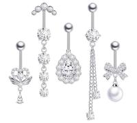 LHOEST Set di 5 piercing per ombelico in acciaio chirurgico argento, piercing per ombelico, banana, in acciaio inox, lunghezza barretta: 10 mm, con farfalla, fiore e rotondo da appendere