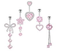 LHOEST Set di 5 piercing per ombelico in acciaio chirurgico, rosa, piercing per ombelico, banana, in acciaio inox, lunghezza barretta: 10 mm, con farfalla, fiore e rotondo da appendere