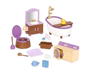 Li’l Woodzeez Set bagno e lavanderia, mobili giocattolo per figurine | Set da 16 con vasca, lavandino con specchio, water, lavatrice-asciugatrice e accessori per il gioco di ruolo, 3+ anni