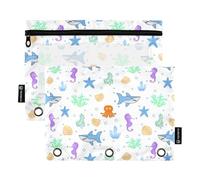 LI ZHI XIN Raccoglitore a 3 anelli con cerniera in PVC trasparente, finestre 25 x 18 x 0,5 cm, 2 pezzi con squali, cavallucci marini, alghe