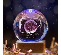 Liamostee 3D Saturno Sfera di Cristallo Luce di Notte per Bambini Palla di Vetro Lampada da Notte con Base in Legno Fantasia Decor Crsytal Ball(Walk