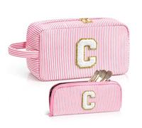 LIAN Preppy - Set di 2 trousse per trucco con iniziali a righe, rosa, C, boemo