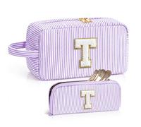 LIAN Preppy - Set di 2 trousse per trucco con iniziali a righe, Viola, T, boemo