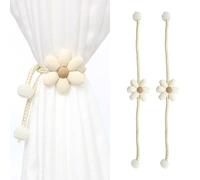 LIANCHEN 2 PCS Ferma Tende a Fiori Boho Beige Fermagli Lacci per Tendine Fermatenda a Fiori Semplici Regolabili Cordoncino per Tende con Perline Decorative per Casa e Ufficio (Beige)