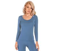 Liang Rou Canottiera Semplice Basica Girocollo Collo Elastico Manica Lunga Intimo Sottile da Donna Nebbia Blu M
