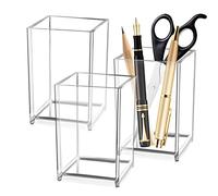 LiangDian 3 Pcs Acrylic Pen Holder Transparent Square Pen Pot Desktop Organizer Pencil Cup Makeup Brush Holder for Office School Home