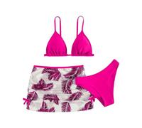 liangp Bikini da bambina con pantaloncini, 3 pezzi, costume da bagno per ragazze, con volant, bikini con triangolo, con stampa a triangolo, bikini da ragazza, costume da bagno estivo, rosa intenso,