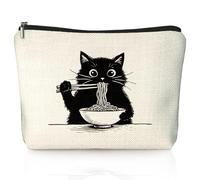 LIANGW Borsa per il trucco con gatto nero, divertente borsa per cosmetici con gattino nero che mangia tagliatelle per donne, amanti degli animali domestici, regalo per donne, amanti degli animali